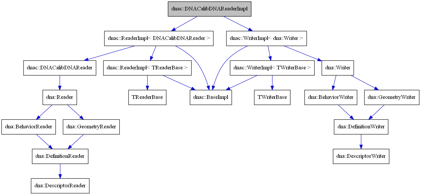 digraph {
    graph [bgcolor="#00000000"]
    node [shape=rectangle style=filled fillcolor="#FFFFFF" font=Helvetica padding=2]
    edge [color="#1414CE"]
    "2" [label="dnac::ReaderImpl< DNACalibDNAReader >" tooltip="dnac::ReaderImpl< DNACalibDNAReader >"]
    "11" [label="TReaderBase" tooltip="TReaderBase"]
    "19" [label="TWriterBase" tooltip="TWriterBase"]
    "12" [label="dnac::WriterImpl< dna::Writer >" tooltip="dnac::WriterImpl< dna::Writer >"]
    "5" [label="dna::BehaviorReader" tooltip="dna::BehaviorReader"]
    "14" [label="dna::BehaviorWriter" tooltip="dna::BehaviorWriter"]
    "6" [label="dna::DefinitionReader" tooltip="dna::DefinitionReader"]
    "15" [label="dna::DefinitionWriter" tooltip="dna::DefinitionWriter"]
    "7" [label="dna::DescriptorReader" tooltip="dna::DescriptorReader"]
    "16" [label="dna::DescriptorWriter" tooltip="dna::DescriptorWriter"]
    "8" [label="dna::GeometryReader" tooltip="dna::GeometryReader"]
    "17" [label="dna::GeometryWriter" tooltip="dna::GeometryWriter"]
    "4" [label="dna::Reader" tooltip="dna::Reader"]
    "13" [label="dna::Writer" tooltip="dna::Writer"]
    "9" [label="dnac::BaseImpl" tooltip="dnac::BaseImpl"]
    "3" [label="dnac::DNACalibDNAReader" tooltip="dnac::DNACalibDNAReader"]
    "1" [label="dnac::DNACalibDNAReaderImpl" tooltip="dnac::DNACalibDNAReaderImpl" fillcolor="#BFBFBF"]
    "10" [label="dnac::ReaderImpl< TReaderBase >" tooltip="dnac::ReaderImpl< TReaderBase >"]
    "18" [label="dnac::WriterImpl< TWriterBase >" tooltip="dnac::WriterImpl< TWriterBase >"]
    "2" -> "3" [dir=forward tooltip="public-inheritance"]
    "2" -> "9" [dir=forward tooltip="public-inheritance"]
    "2" -> "10" [dir=forward tooltip="template-instance"]
    "12" -> "13" [dir=forward tooltip="public-inheritance"]
    "12" -> "9" [dir=forward tooltip="public-inheritance"]
    "12" -> "18" [dir=forward tooltip="template-instance"]
    "5" -> "6" [dir=forward tooltip="public-inheritance"]
    "14" -> "15" [dir=forward tooltip="public-inheritance"]
    "6" -> "7" [dir=forward tooltip="public-inheritance"]
    "15" -> "16" [dir=forward tooltip="public-inheritance"]
    "8" -> "6" [dir=forward tooltip="public-inheritance"]
    "17" -> "15" [dir=forward tooltip="public-inheritance"]
    "4" -> "5" [dir=forward tooltip="public-inheritance"]
    "4" -> "8" [dir=forward tooltip="public-inheritance"]
    "13" -> "14" [dir=forward tooltip="public-inheritance"]
    "13" -> "17" [dir=forward tooltip="public-inheritance"]
    "3" -> "4" [dir=forward tooltip="public-inheritance"]
    "1" -> "2" [dir=forward tooltip="public-inheritance"]
    "1" -> "12" [dir=forward tooltip="public-inheritance"]
    "10" -> "11" [dir=forward tooltip="public-inheritance"]
    "10" -> "9" [dir=forward tooltip="public-inheritance"]
    "18" -> "19" [dir=forward tooltip="public-inheritance"]
    "18" -> "9" [dir=forward tooltip="public-inheritance"]
}